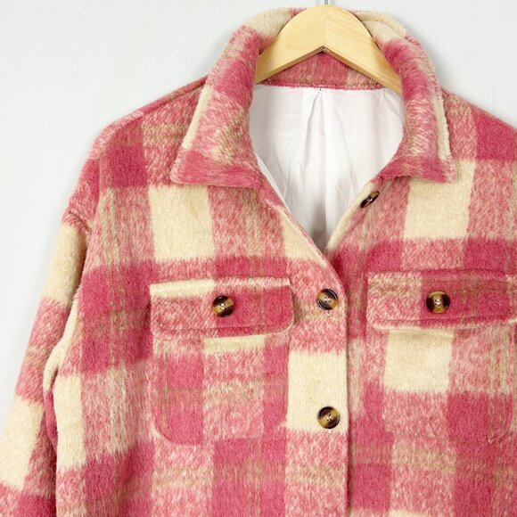 Pink Checkered Fuzzy Shirt Shacket Preppy Cozy Size Large Women's - Picture 2 of 5